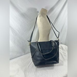 Genuine vintage large black leather tote bag carryall work school laptop carrier